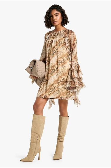 Tall Snake Ruffle Flare Sleeve Mini Shift Dress - natural