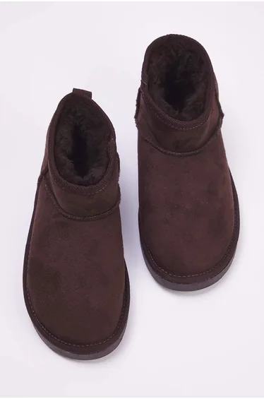 Dark Brown Fur Lined Round Toe Flat Heel Women's Boots