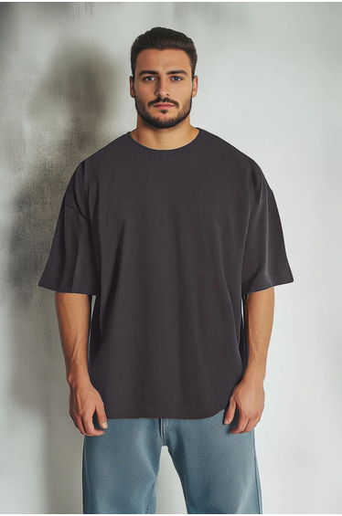 Plus Size Basic Grey Oversize/Wide Cut Textured Wrinkle-Free Ottoman T-Shirt