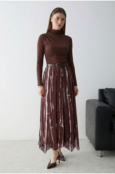 Brown Unlined Plain Woven Bottom&Top Hijab Skirt