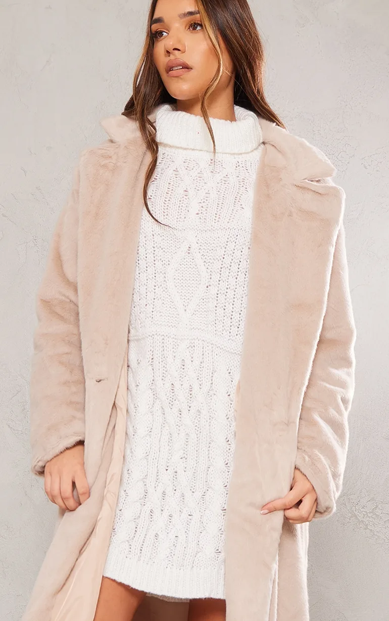 Beige Premium Soft Faux Fur Tailored Maxi Coat - 3