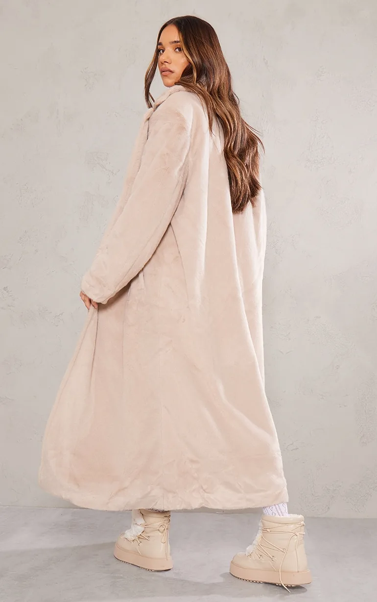 Beige Premium Soft Faux Fur Tailored Maxi Coat - 1