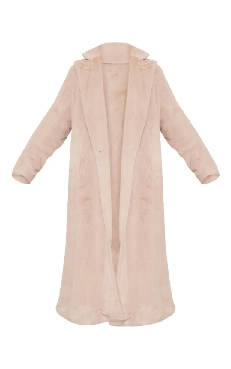 Beige Premium Soft Faux Fur Tailored Maxi Coat - 4