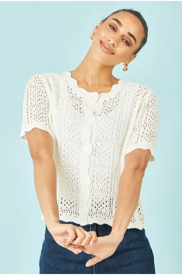 Yumi White Crochet Short Sleeve Cardigan