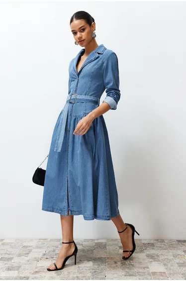 فستان ميداكسي دينيم - أزرق