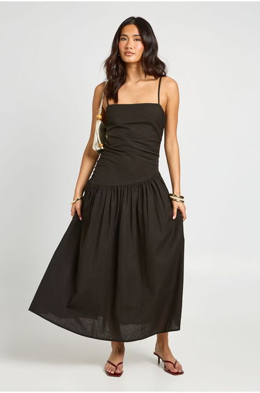 Linen Ruched Drop Hem Midi Skater Dress - black