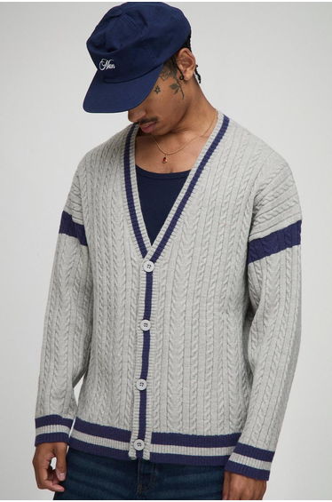 Oversized Drop Shoulder Boucle Twisted Knitted Cardigan - light grey