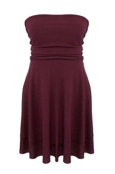 Plum Strapless Skater/Waist Opening Corded Fabric Stretchy Mini Knitted Dress