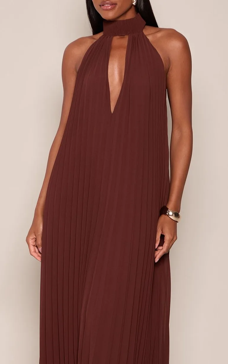 Chocolate Plisse High Neck Maxi Dress - 3