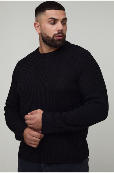 Plus Basic Regular Fit Ribbed Knitted Jumper - black