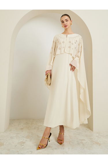 Cream Embellished Cape Sleeve Kaftan Maxi Dress
