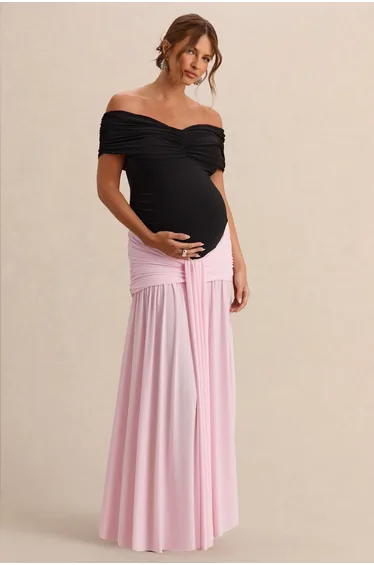 Eudora | Black & Light Pink Bardot-Neck Maternity Maxi Dress With Gathered Detailing