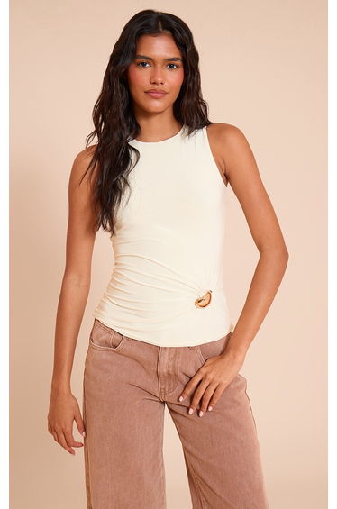 Almond Slinky Sleeveless Trim Detail Top