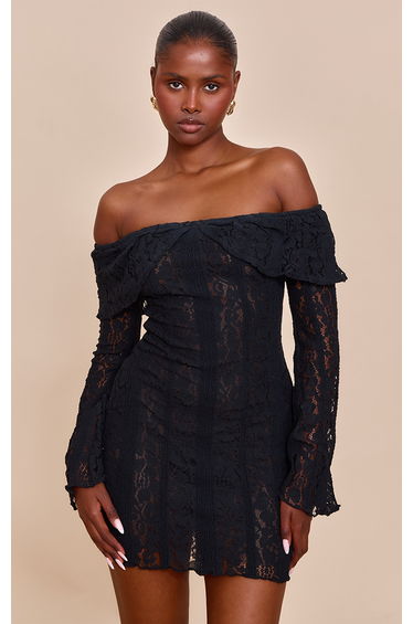 Black Lace Bardot Long Sleeve Mini Dress