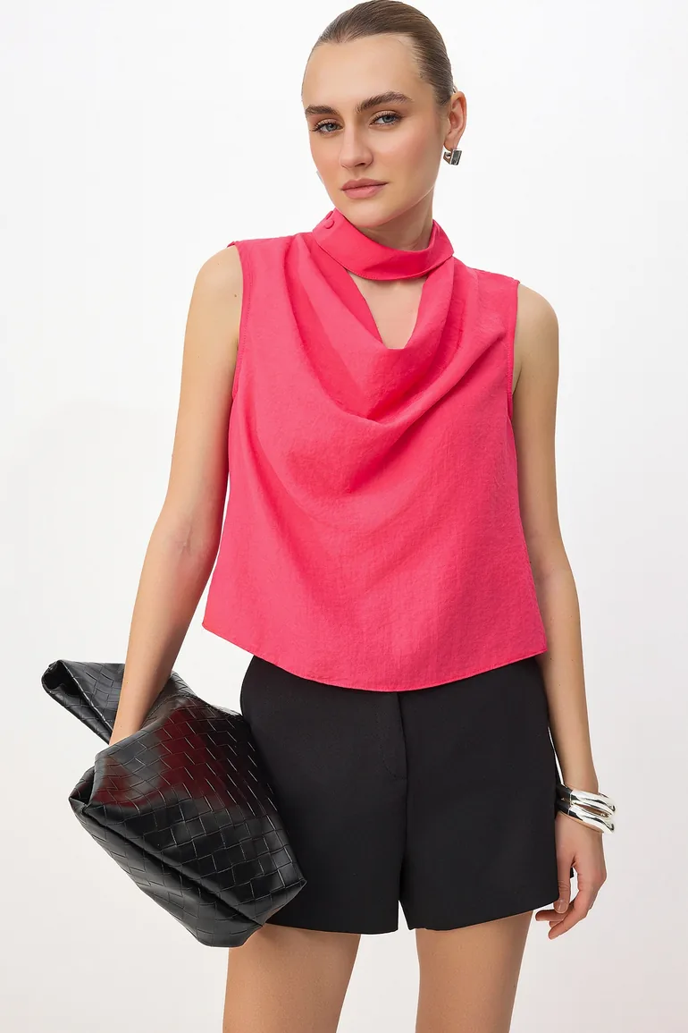 Fuchsia Degaje Collar Woven Blouse