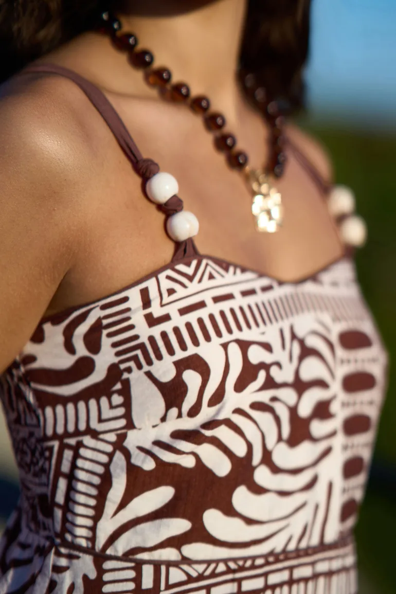 Yumi Brown Tile Print Maxi Dress With Bead Details - 2
