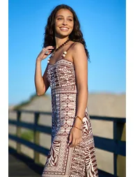 Yumi Brown Tile Print Maxi Dress With Bead Details - 6