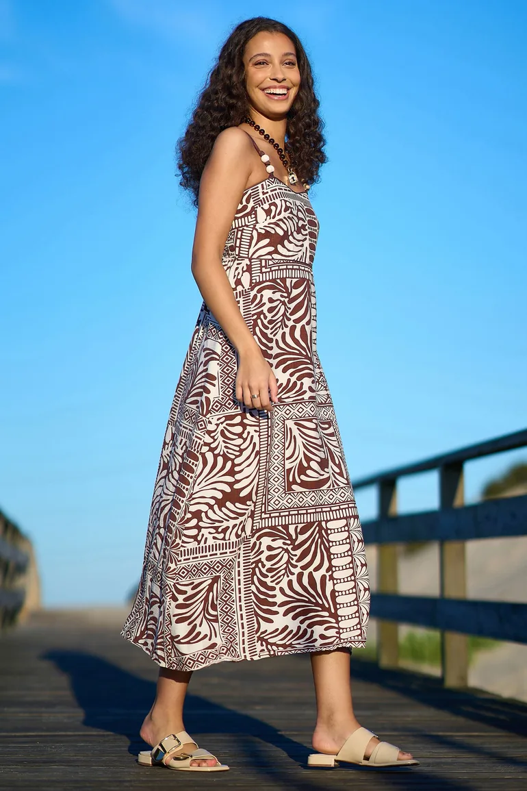 Yumi Brown Tile Print Maxi Dress With Bead Details - 3