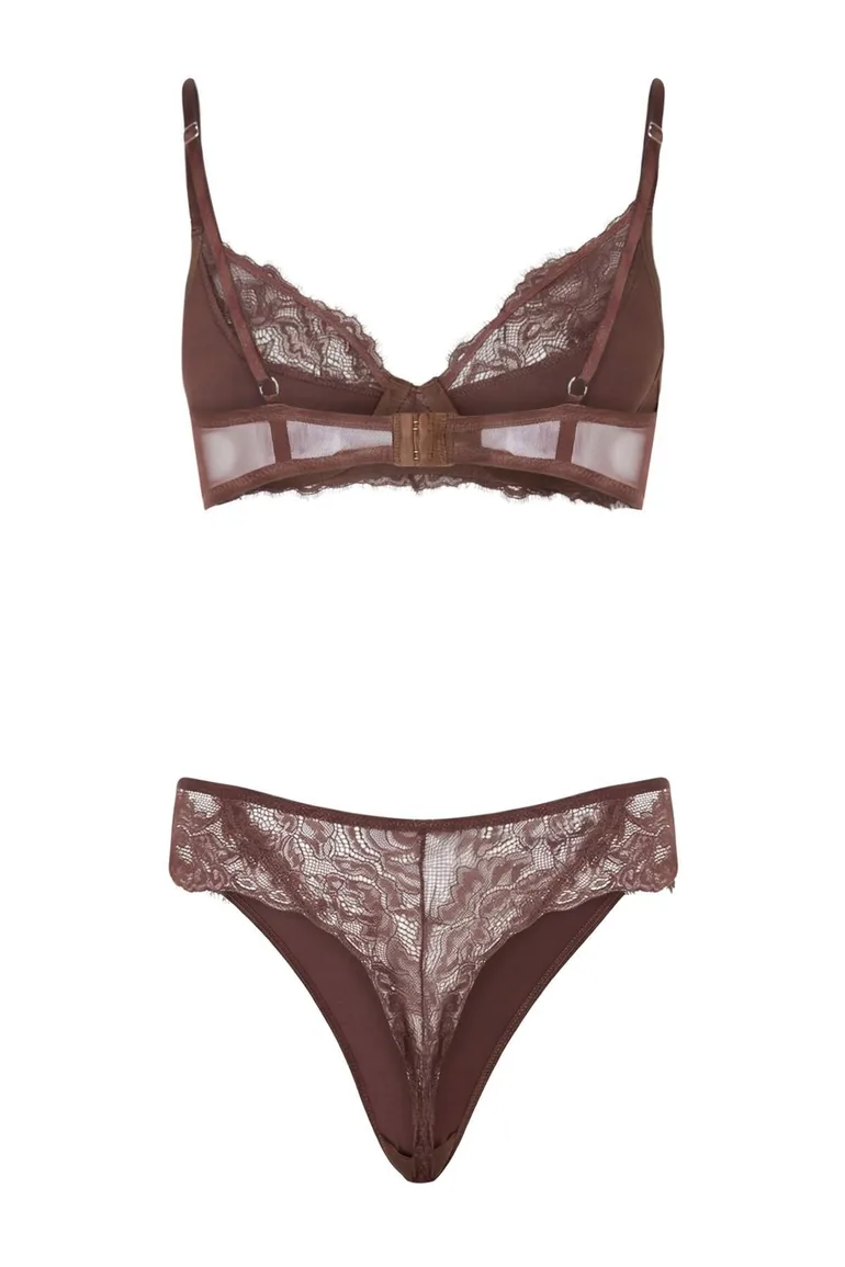 Brown Lace Covered Knitted Strap Lingerie Set - 3
