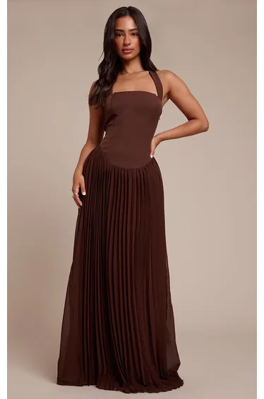 Petite Chocolate Halterneck Plisse Maxi Dress