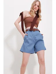 Women's Blue Straw Knit Belt Gabardine Shorts - 2