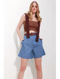 Women's Blue Straw Knit Belt Gabardine Shorts