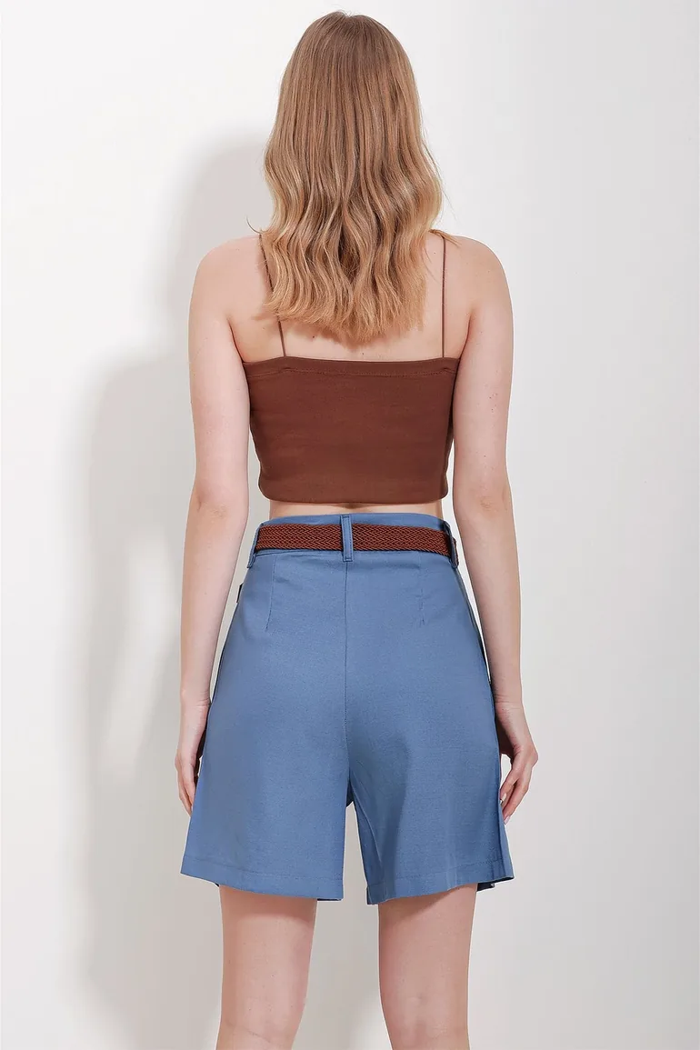 Women's Blue Straw Knit Belt Gabardine Shorts - 3