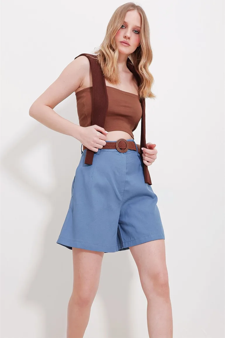 Women's Blue Straw Knit Belt Gabardine Shorts - 1