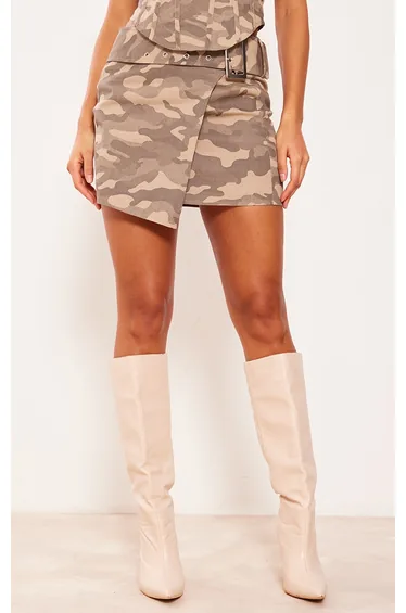 Brown Camo Buckle Detail Denim Mini Skirt