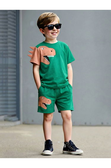 Boys Green Dino Print T-Shirt and Shorts Set