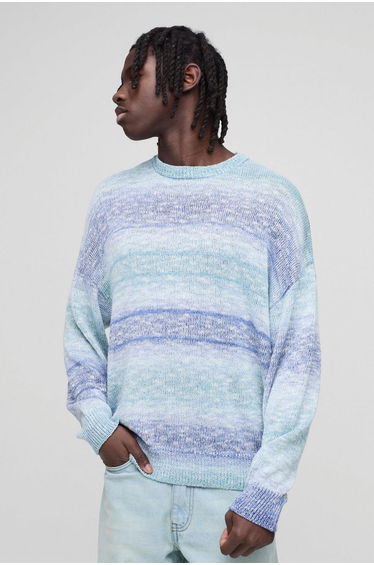 Oversized Boxy Ombre Stripe Knitted Jumper - blue