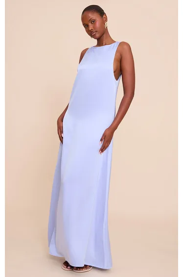 Blue Satin Boat Neck Sleeveless Maxi Dress
