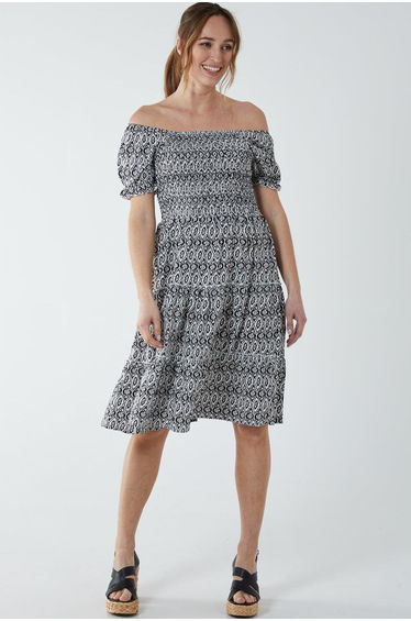 Puff Sleeve Bardot Shirred Dress