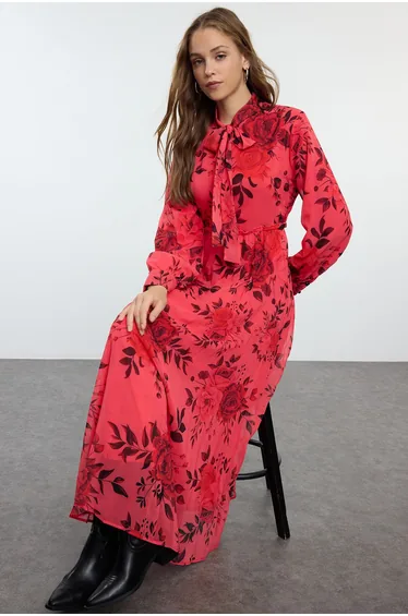 Fuchsia Floral Patterned Lined Pleated Chiffon Woven Dress