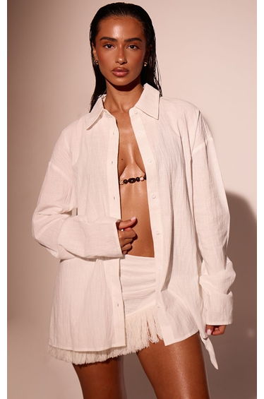 Cream Linen Look Long Sleeve Beach Shirt
