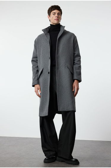 Anthracite Oversize Fit Stand Collar Long Stash Winter Coat
