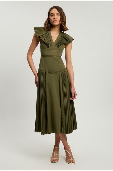 Cotton Poplin Pleat Detail Woven Midi Dress