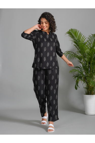 Black Leaf Print Viscose Rayon Top and Pyjama Set