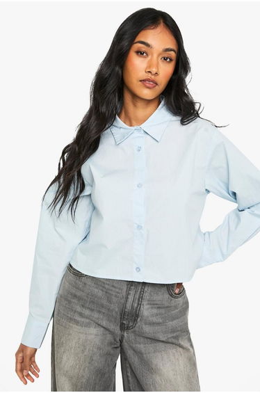 Cotton Poplin Cropped Shirt - baby blue