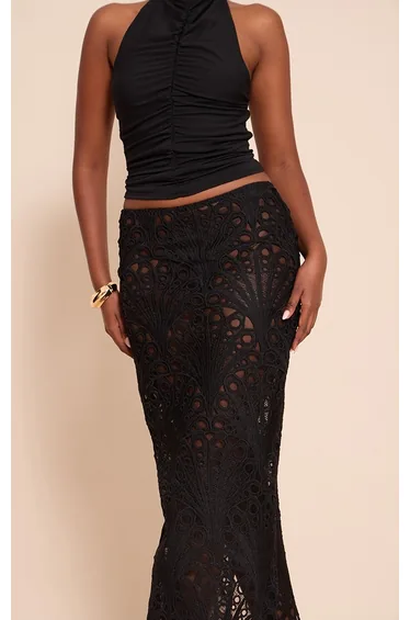 Black Textured Floral Lace Maxi Skirt