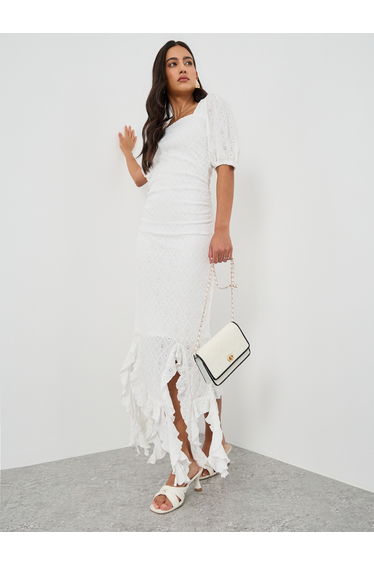 Self Design Ruffled Asymmetric Hem Sheath Dress