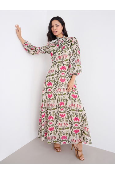 Tie-Up Neck All Over Print Maxi Dress