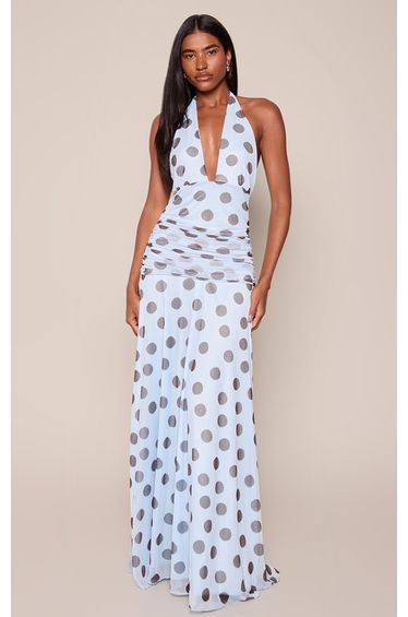 Blue Polka Dot Chiffon Halterneck Maxi Dress