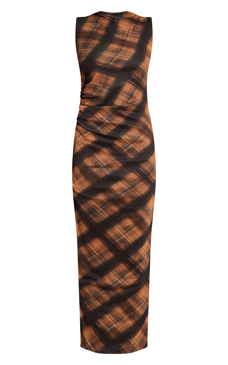 brown mesh maxi dress Alkas Long Sleeve Ruched Mesh Maxi Dress In Coffee – Mew Mews main image 0