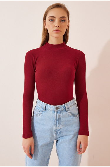 Women's Claret Red Turtleneck Corduroy Knitted Blouse GT00054