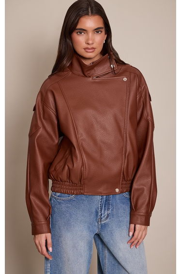 Tan Funnel Neck Faux Leather Biker Jacket