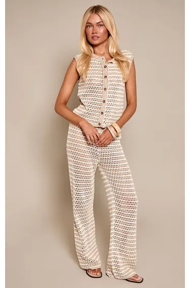 Beige Striped Crochet Knit Wide Leg Trousers