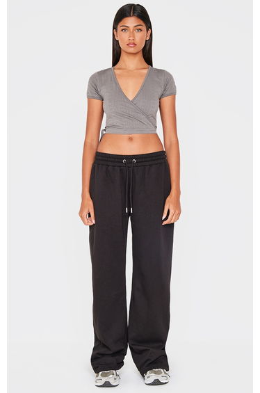 Charcoal Contour Pointelle Cross Over Detail Crop Top