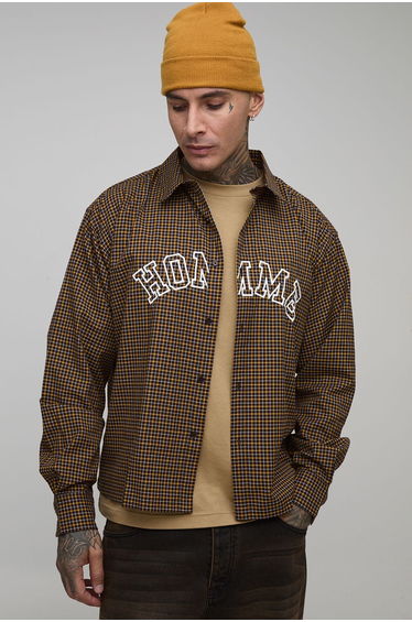 Tall Oversized Boxy Homme Applique Micro Check Shirt - chocolate