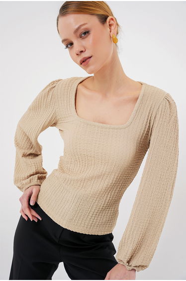 BDART Textured Square Collar Long Sleeve Blouse